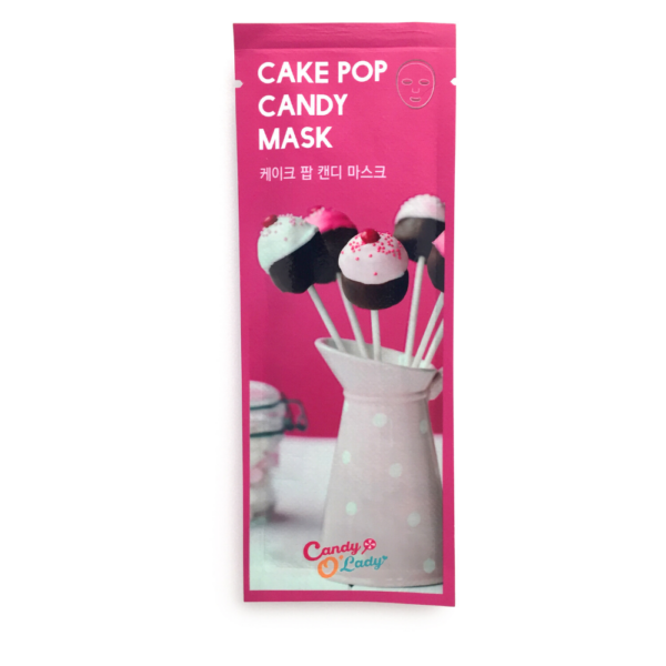 candy o'lady maska w płachcie o działaniu łagodzącym w różowym opakowaniu z lizakami przedstawiona na białym tle