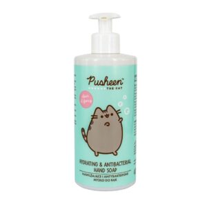 Pusheen nawilżające mydło antybakteryjne w białej butelce z pompką z miętową etykietą przedstawione na białym tle