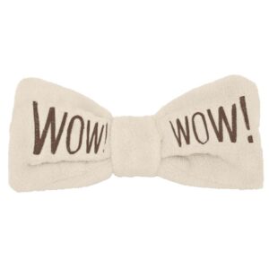 wow! beżowa opaska do włosów z brązowym haftem WOW! przedstawiona na białym tle