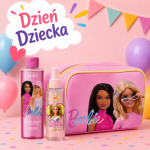 BARBIE Zestaw Kosmetyków na Dzień Dziecka – Kosmetyczka + Żel Papaya + Mgiełka do Ciała 100 ml