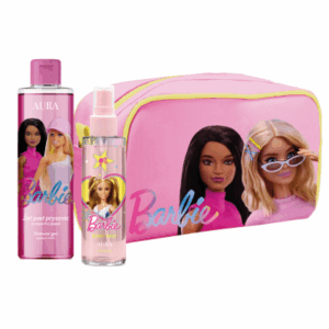 BARBIE Zestaw Kosmetyków z Kosmetyczką – Żel pod Prysznic Papaya + Mgiełka do Ciała 100 ml – Tropikalny Prezent dla Dziewczynki